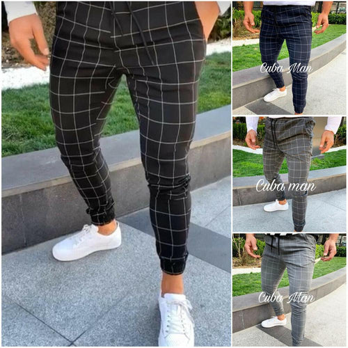 2019 sexy high wasit spring summer fashion pocket Men's Slim Fit Plaid Straight Leg Trousers Casual Pencil Jogger Casual Pants