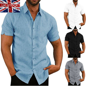 Mens Linen Blouse Short Sleeve Baggy Buttons Summer Solid Comfortable Pure Cotton And Linen Casual Loose Holiday Shirts Tee Tops