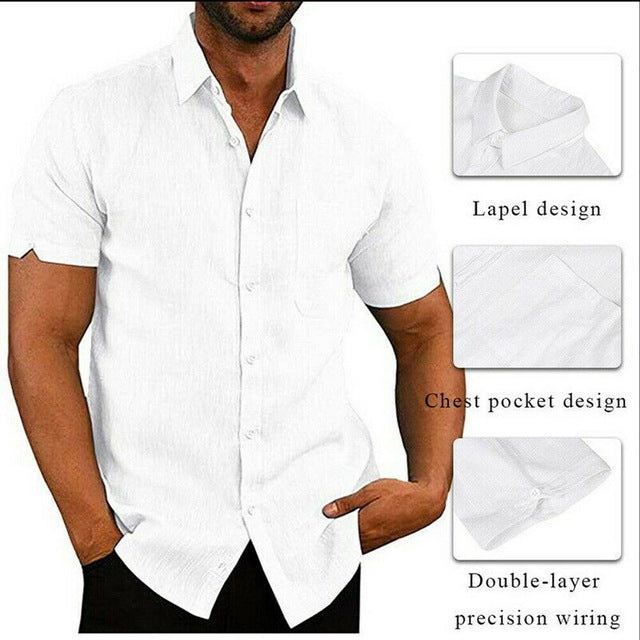 Mens Linen Blouse Short Sleeve Baggy Buttons Summer Solid Comfortable Pure Cotton And Linen Casual Loose Holiday Shirts Tee Tops