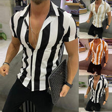 Load image into Gallery viewer, Fashion Men Shirt Stripe Printed Splicing Colorful Stripe Short Sleeve Slim Shirt Free Ship рубашка мужская футболка мужская Z4