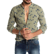 Load image into Gallery viewer, 2019 Fashion Men Cotton Linen Shirts Casual Long Sleeve Stand Neck Tops Loose Blouse Men Clothes Swam Print Shirt Men Blouse Top