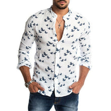 Load image into Gallery viewer, 2019 Fashion Men Cotton Linen Shirts Casual Long Sleeve Stand Neck Tops Loose Blouse Men Clothes Swam Print Shirt Men Blouse Top