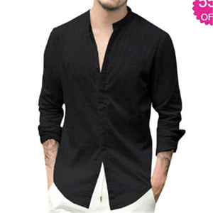 New Men Shirt Long Sleeve Solid Cotton Linen Casual Shirts Shirt V-Neck Cotton Chinese Style Summer Beach Top