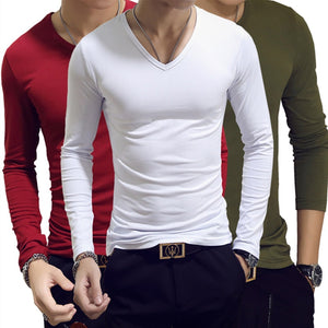 Men Autumn T-shirts Long Sleeves V Neck Pullover Slim Fit Casual Minimalist Male Tops NGD88