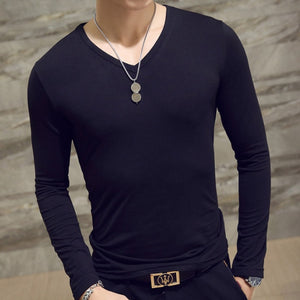 Men Autumn T-shirts Long Sleeves V Neck Pullover Slim Fit Casual Minimalist Male Tops NGD88