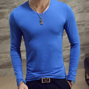 Men Autumn T-shirts Long Sleeves V Neck Pullover Slim Fit Casual Minimalist Male Tops NGD88