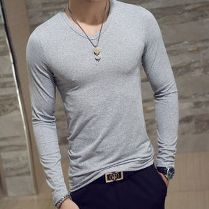 Men Autumn T-shirts Long Sleeves V Neck Pullover Slim Fit Casual Minimalist Male Tops NGD88