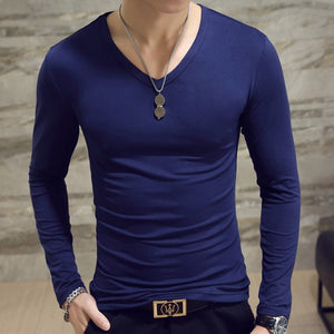 Men Autumn T-shirts Long Sleeves V Neck Pullover Slim Fit Casual Minimalist Male Tops NGD88