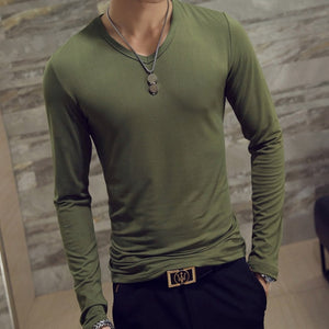 Men Autumn T-shirts Long Sleeves V Neck Pullover Slim Fit Casual Minimalist Male Tops NGD88