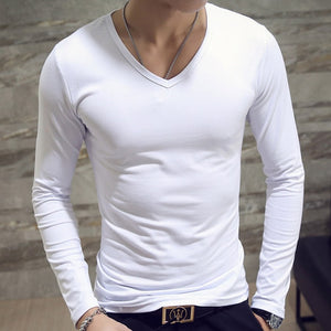 Men Autumn T-shirts Long Sleeves V Neck Pullover Slim Fit Casual Minimalist Male Tops NGD88