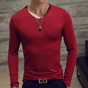 Men Autumn T-shirts Long Sleeves V Neck Pullover Slim Fit Casual Minimalist Male Tops NGD88