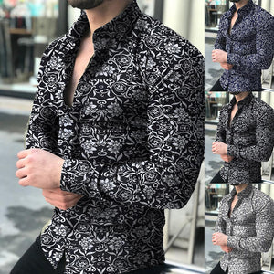 Fashion Men Long Sleeve Floral Print Shirt Spring Autumn Shirts Men Dress Camisa Slim Fits Button Lapels Collar Male рубашка