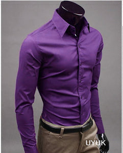 2019 New Men's Fashion Casual Solid Candy Color Long Sleeve Slim Fit Dress Shirt Top