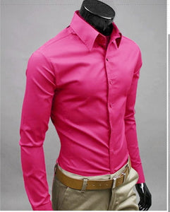 2019 New Men's Fashion Casual Solid Candy Color Long Sleeve Slim Fit Dress Shirt Top