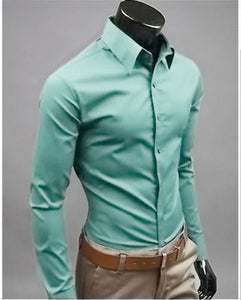 2019 New Men's Fashion Casual Solid Candy Color Long Sleeve Slim Fit Dress Shirt Top